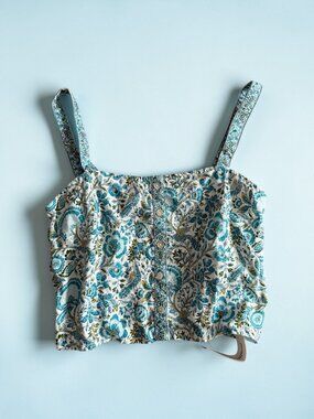 RACHEL ZOE Blue 100% Linen Floral Tank Top Sz XL